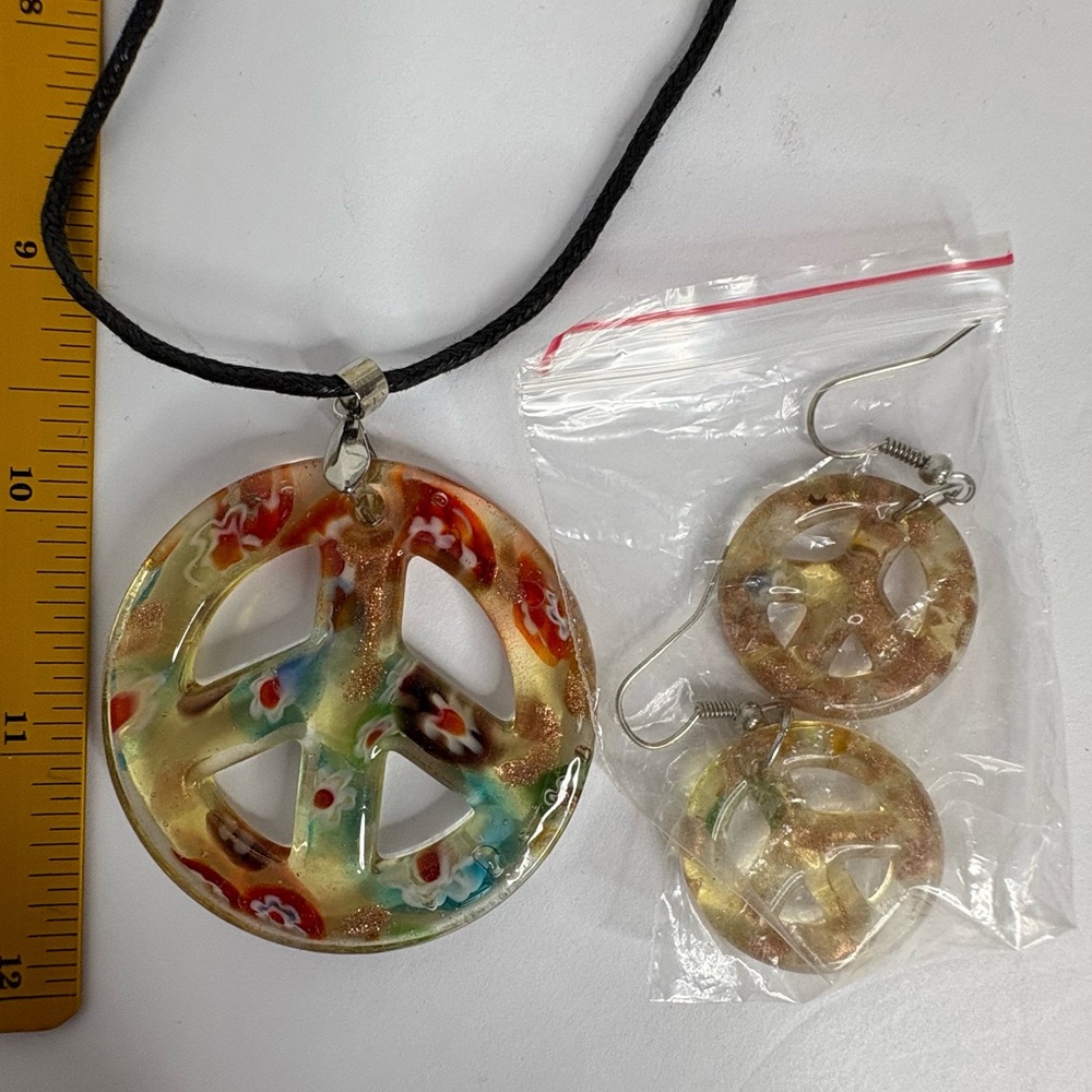 Colorful Peace Sign Pendant Necklace and Earrings